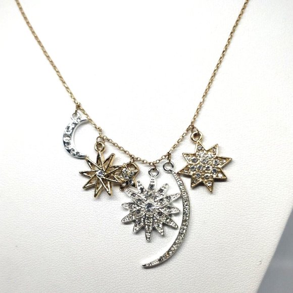 LC Celestial Pendent Necklace Moon Stars Starburst Gold Silver Tone Rhinestones - Picture 3 of 6